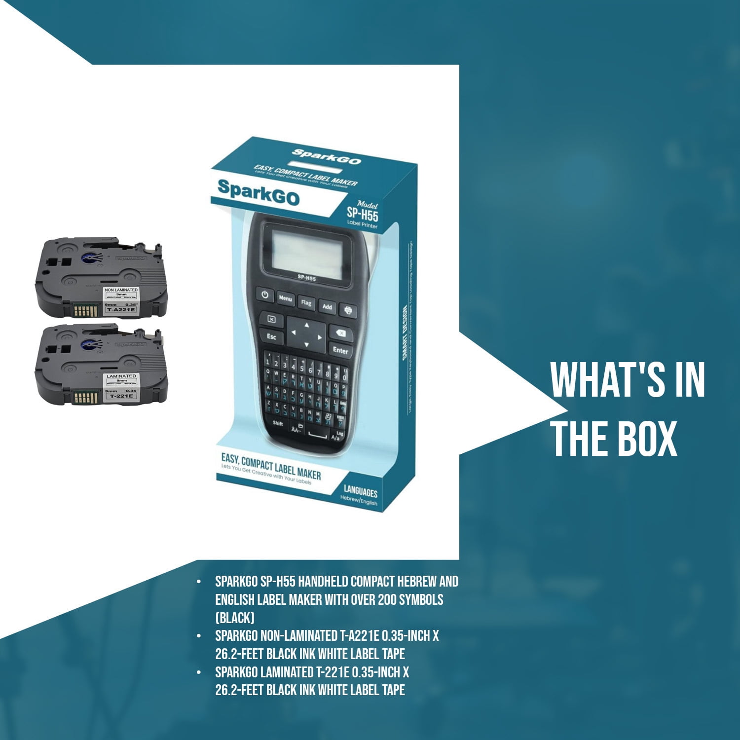 SparkGo SP-H55 Handheld Compact Hebrew and English Label Maker with Over 200 Symbols (Black) Bundle with SparkGo Non-Laminated T-A221E Tape and SparkGo Laminated T-221E Tape (3 Items)