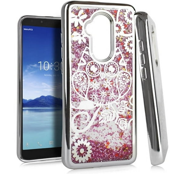 GSA Liquid Glitter Bling Owl Case For Alcatel 7 Folio - Silver/Pink