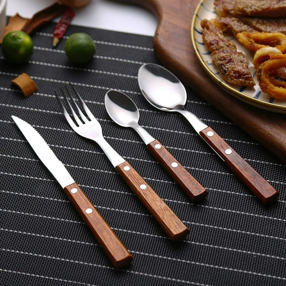 TRA-Forks and Spoons Silverware Set, Wooden Handle Flatware Set 8-Piece (2 Sets) 18/8 Stainless Steel Cutlery Set Wooden Spoons Dinner Knife Dinner Fork and Spoon Set