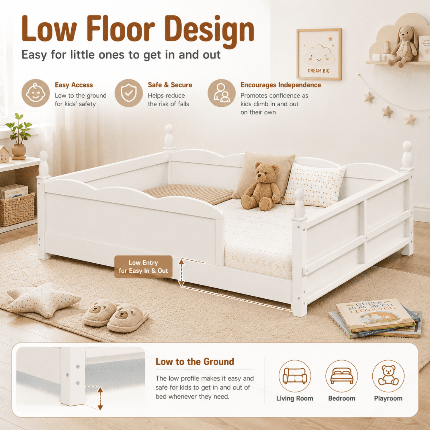 Miniyam Twin Floor Bed with Guardrails and Bookshelf, Kids Low Bed Frame for Bedroom, White