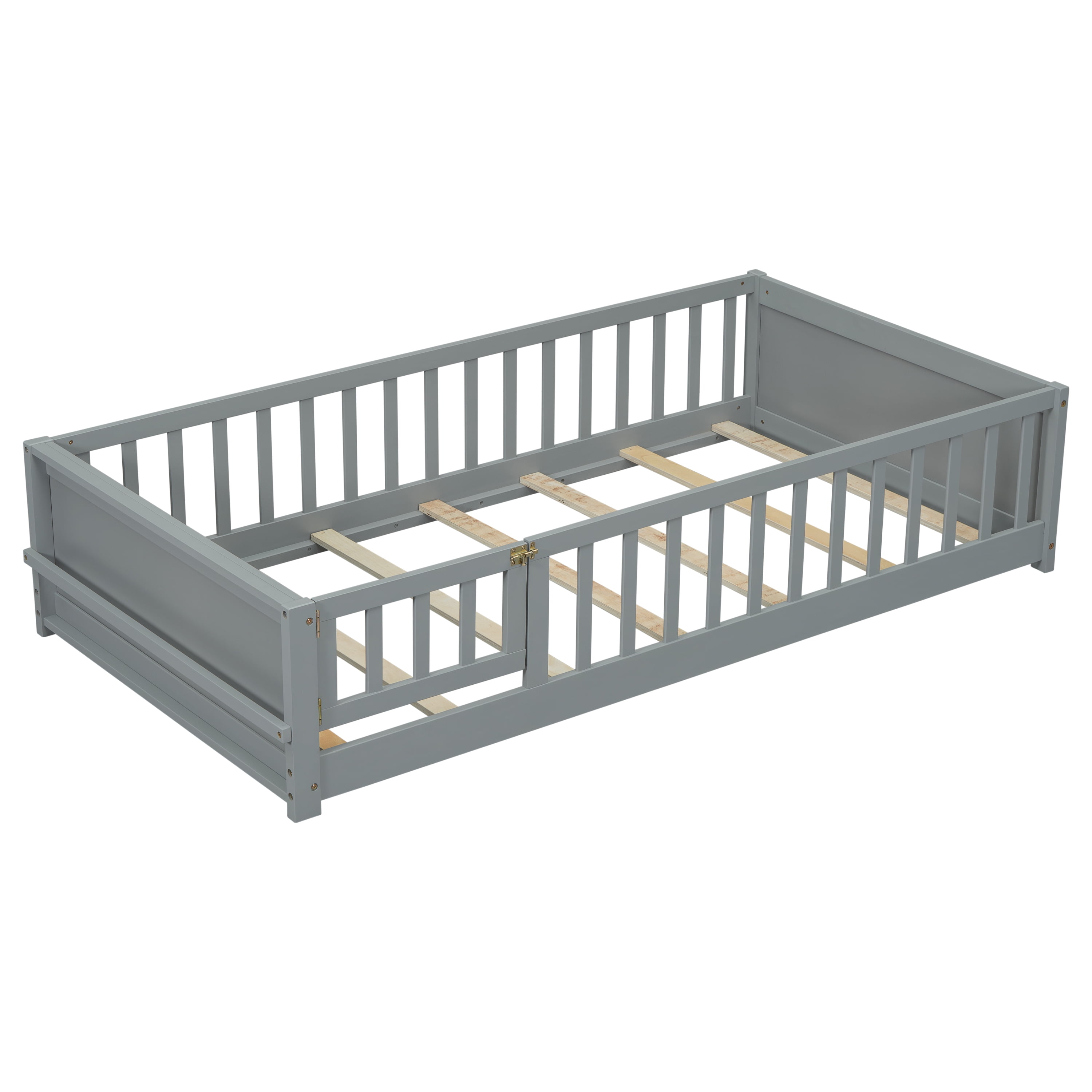 Miniyam Floor Bed, Twin Size Platform Bed Frame with Built-in Book Storage Rack, Door, Gray