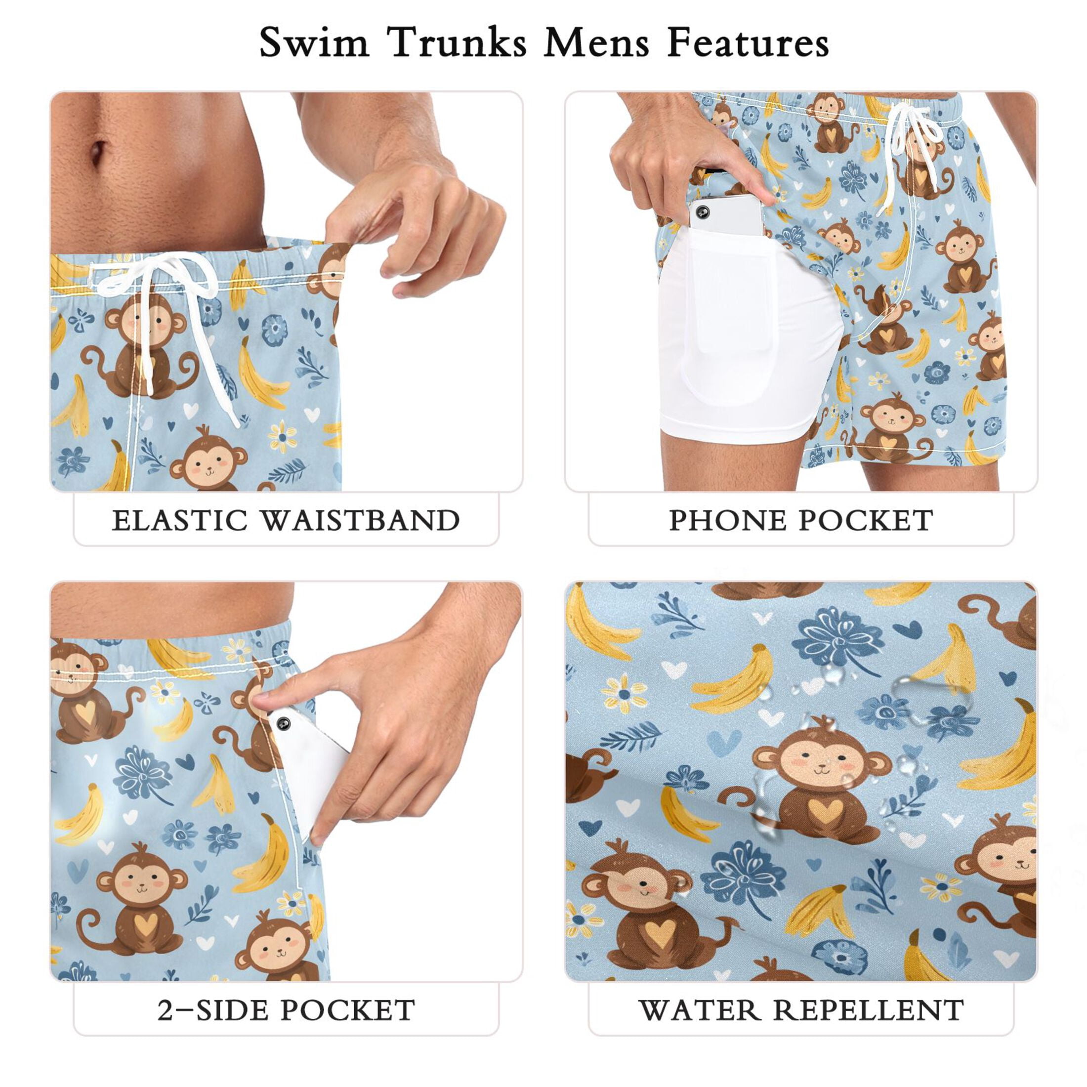 joogoo Men's Cartoon Monkey Bananas Swim Trunks with Liner Pocket Beach Shorts M