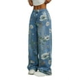 thumbnail image 3 of Women's Baggy Jeans Casual Boyfriend Mid Rise Floral Printed Wide Leg Denim Pants Blue XL, 3 of 8