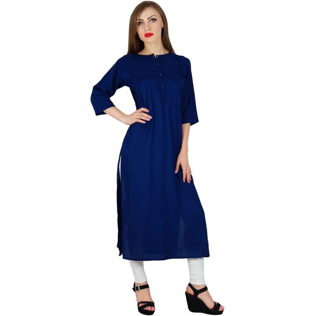 Bimba Kurta Kurti en Rayonne Bleu Uni pour Femmes Manches 3/4 Tunique Décontractée Formelle