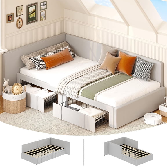 Danolapsi Twin Daybed with Storage Drawers, Velvet Upholstered Corner Bed Frame with Headboard, Modern Bed with Bed Rails for Living Room, Bedroom, Easy Assembly