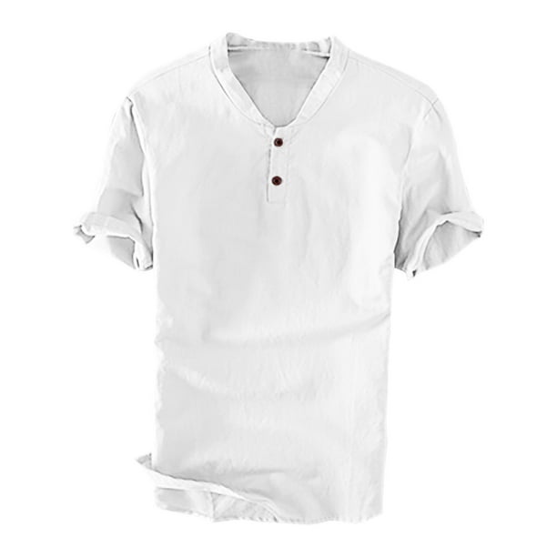 Camisas de Lino de Manga Corta de los Hombres de Color Sólido Mezcla de Lino de Algodón, Collar Plegable Casual Camisas Casuales de los Hombres