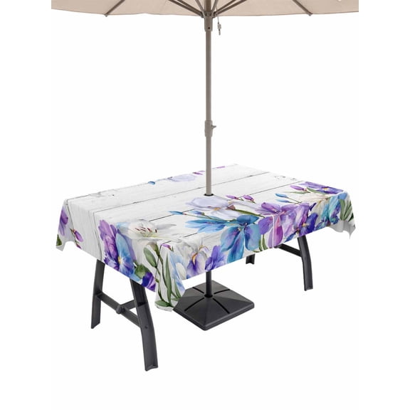 Spring Flowers Outdoor Tablecloth - 60x84 Inch Rectangle Dining Table Cover, Watercolor Garden Florals Wooden Grain Waterproof Outdoor Table Cloth with Umbrella Hole & Zipper for Picnic/Patio/Party