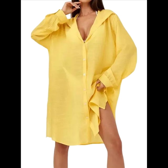 Cárdigan de Color Liso para Mujer, para Playa, Vacaciones, Informal, para Bikini, Traje de Baño, Protección Solar Amarillo un Tamaño