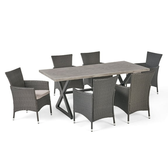 GDF Studio Swainson Outdoor Wicker and Aluminum 7 Piece Dining Set with Cushions, Gray, Black, and Light Gray
