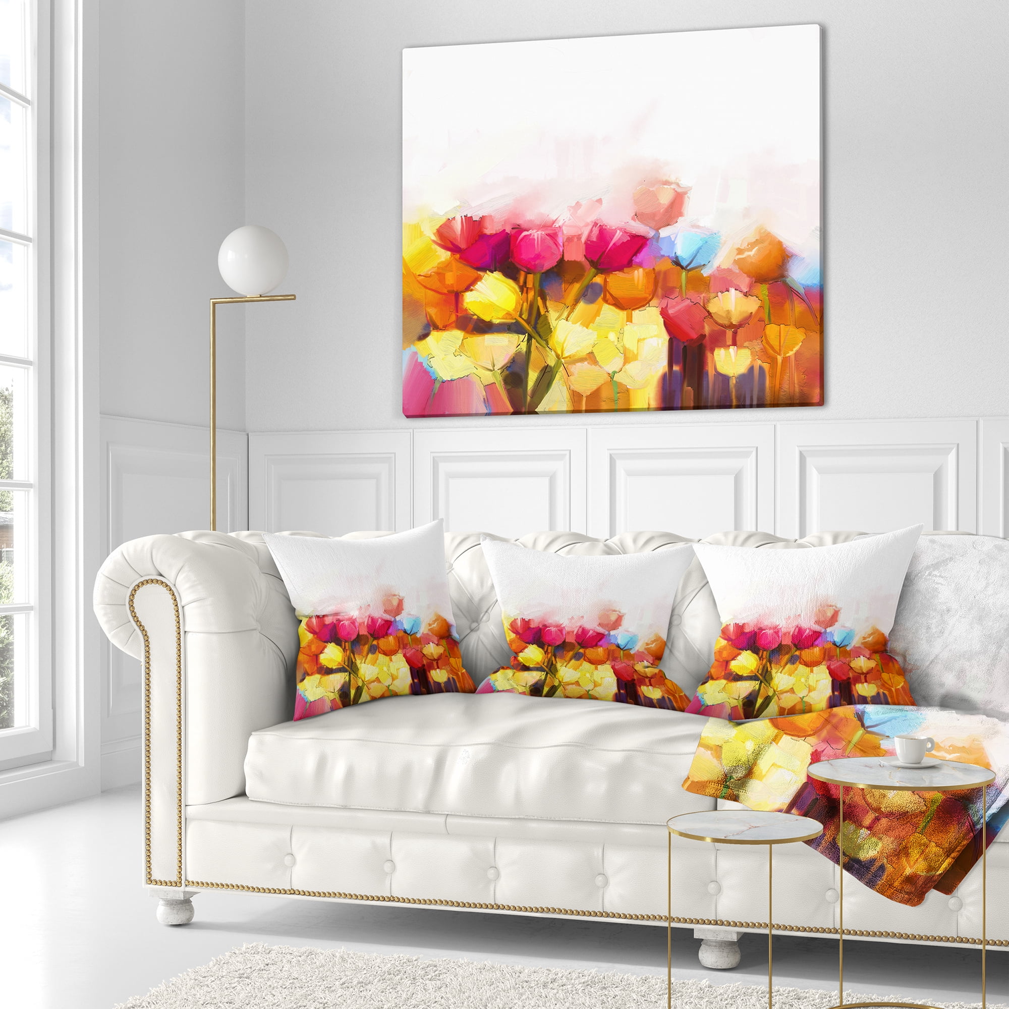 Designart Yellow Pink Red Tulips on White - Floral Throw Pillow - 16x16