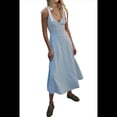 thumbnail image 1 of Vestido Informal de Verano para Mujer, con Escote en V Fruncido, A Rayas, Sin Mangas, y Holgado, con Bolsillos. Azul S, 1 of 7