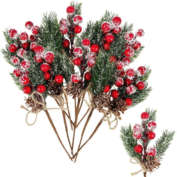 6PCS /10PCS Christmas Berries Red Stems Evergreen Pine Branches, Snow Flocked Red Holly Berry Pine Cone Floral Sprays Decoration,Winter Holiday Floral Picks