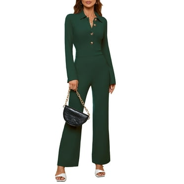 Women Jumpsuit Fashionable Straight Leg Trousers Button Turn Down Collar Pure Color Jumpsuit L Green