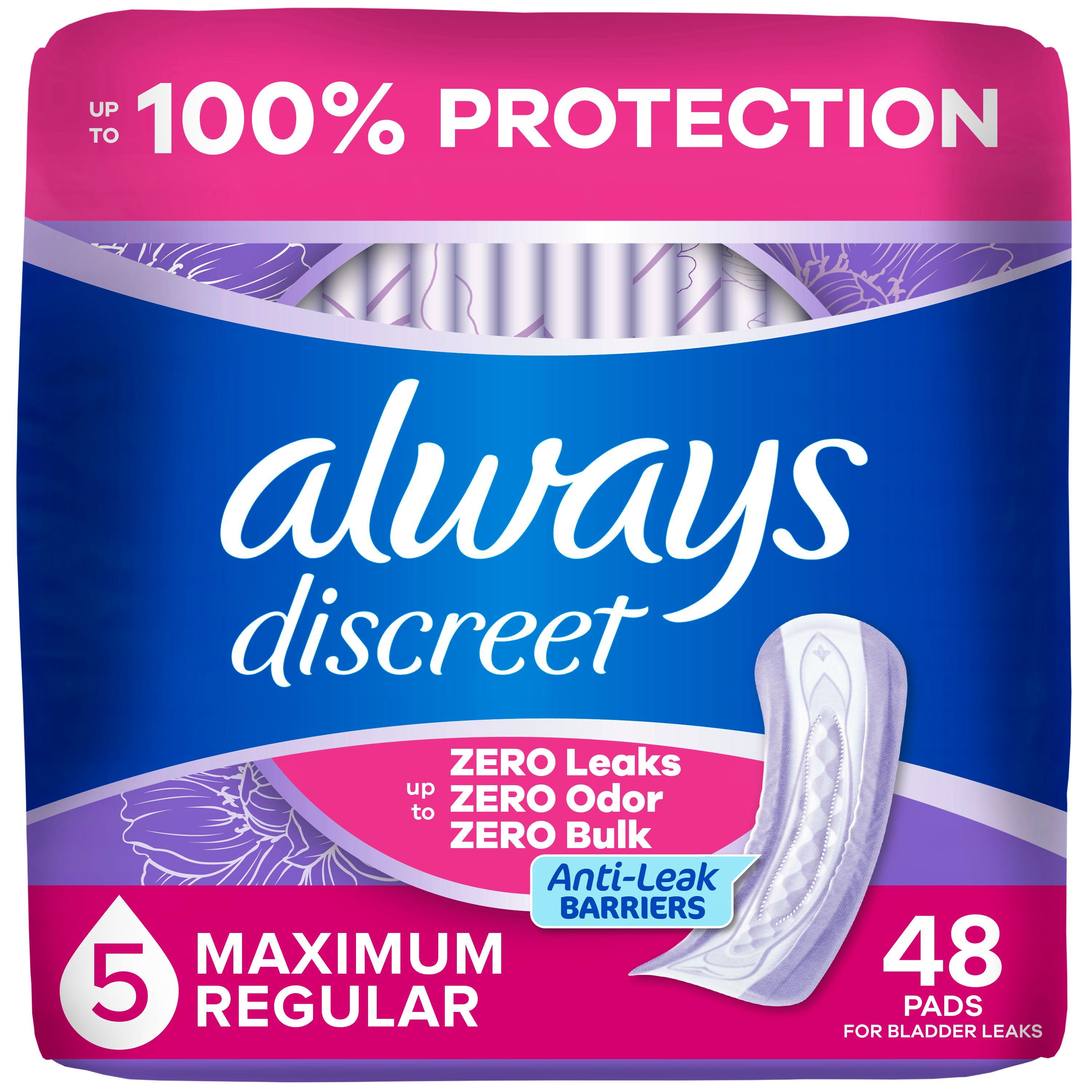 Always Discreet Adult Incontinence Pads for Women, Maximum Absorbency, Regular Length, Postpartum Pads, 48 Count