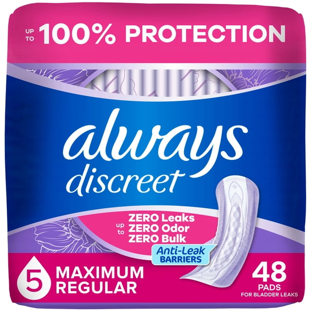 Always Discreet Adult Incontinence Pads for Women, Maximum Absorbency, Regular Length, Postpartum Pads, 48 Count