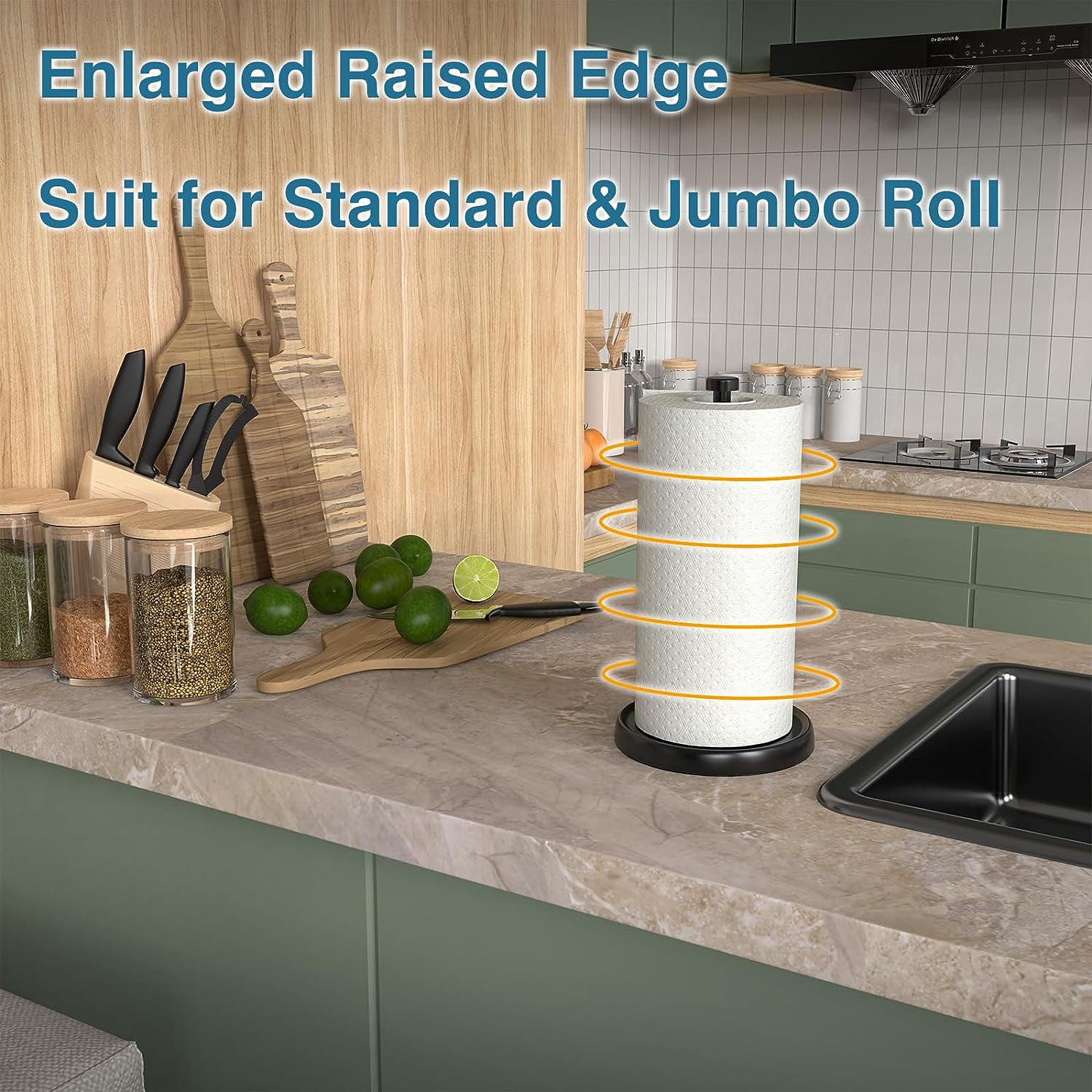 Stainless Steel Countertop Paper Towel Holder, One-Handed Tear with Ratchet Mechanism, Weighted Base Black Stand for Kitchen/Bathroom Farmhouse Decor