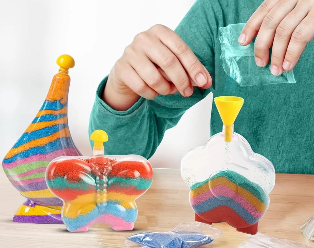 Glow Sand Art Kit for Kids, 12 Pack with 60 Bags of Sand, DIY Craft Activity Set with Bottles and Tools