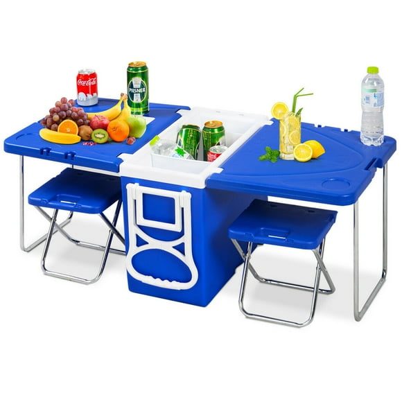 Multifunction Rolling Cooler Picnic Camping Outdoor w/ Table 2 Chairs Blue