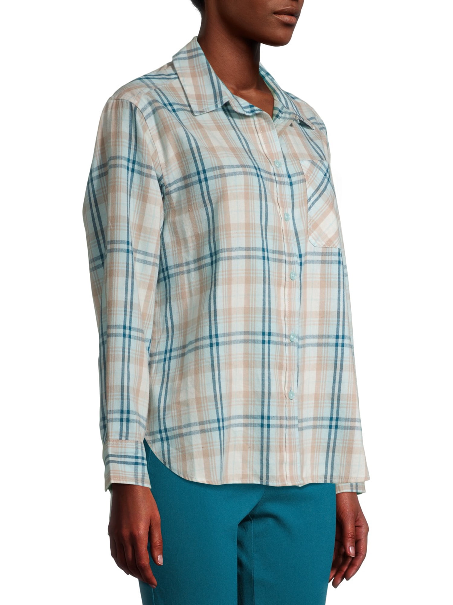 Time and Tru Women's Plaid Flannel Button Front Shirt