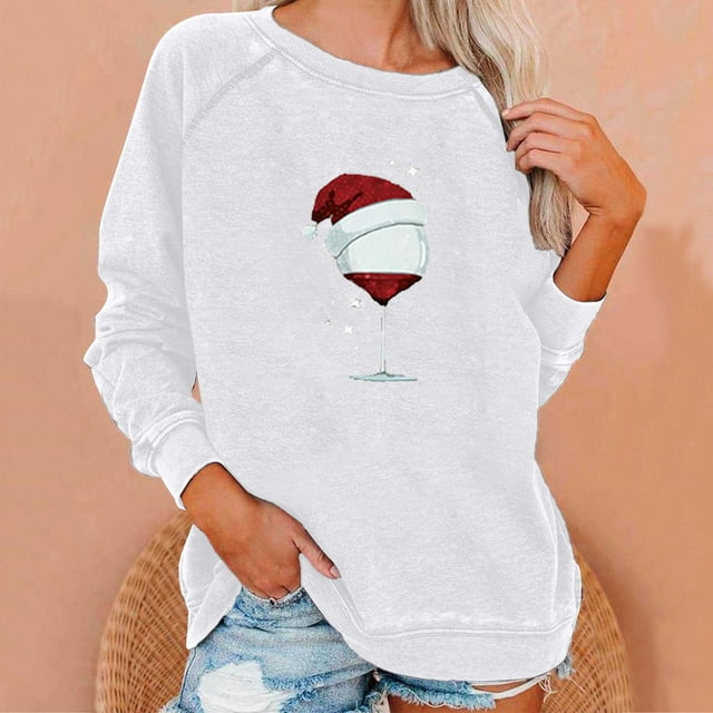 Nouveaux Hauts pour Femmes 2023 Manches Longues Col Rond Hauts Chemises Amples Imprimé de Noël Blouse Graphique Coupe Décontractée Chandail en Molleton Oversize pour Femmes