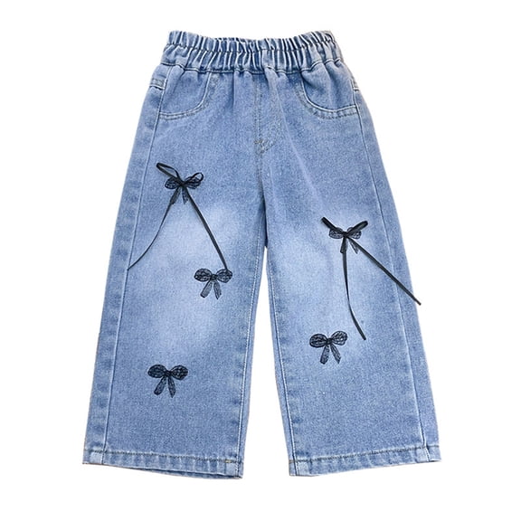 Pretxorve Kids Girls Denim Jeans Solid Lace Bow Embellishment Side Pockets Straight Casual Pants