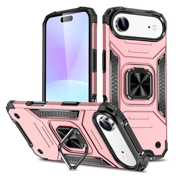 Hotpom for iPhone 17 Case Dual Layer Rugged Shockproof Protection with 360° Rotating Stand and Car Mount Capability, Mobile Security Travel Accessory, Pink