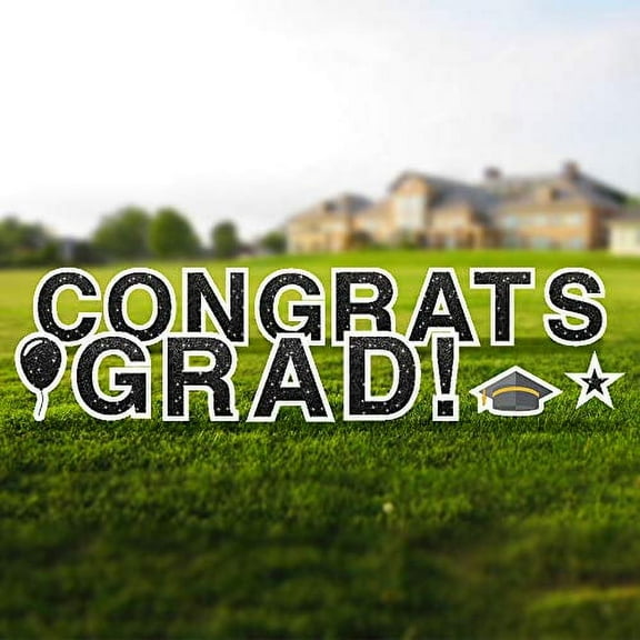 Vispronet Congrats Grad Yard Sign with Stakes – Each Letter is 18in Tall – Weather-Resistant Signs and Steel Stakes – Highschool and College Graduation Decorations (Faux Glitter Black)