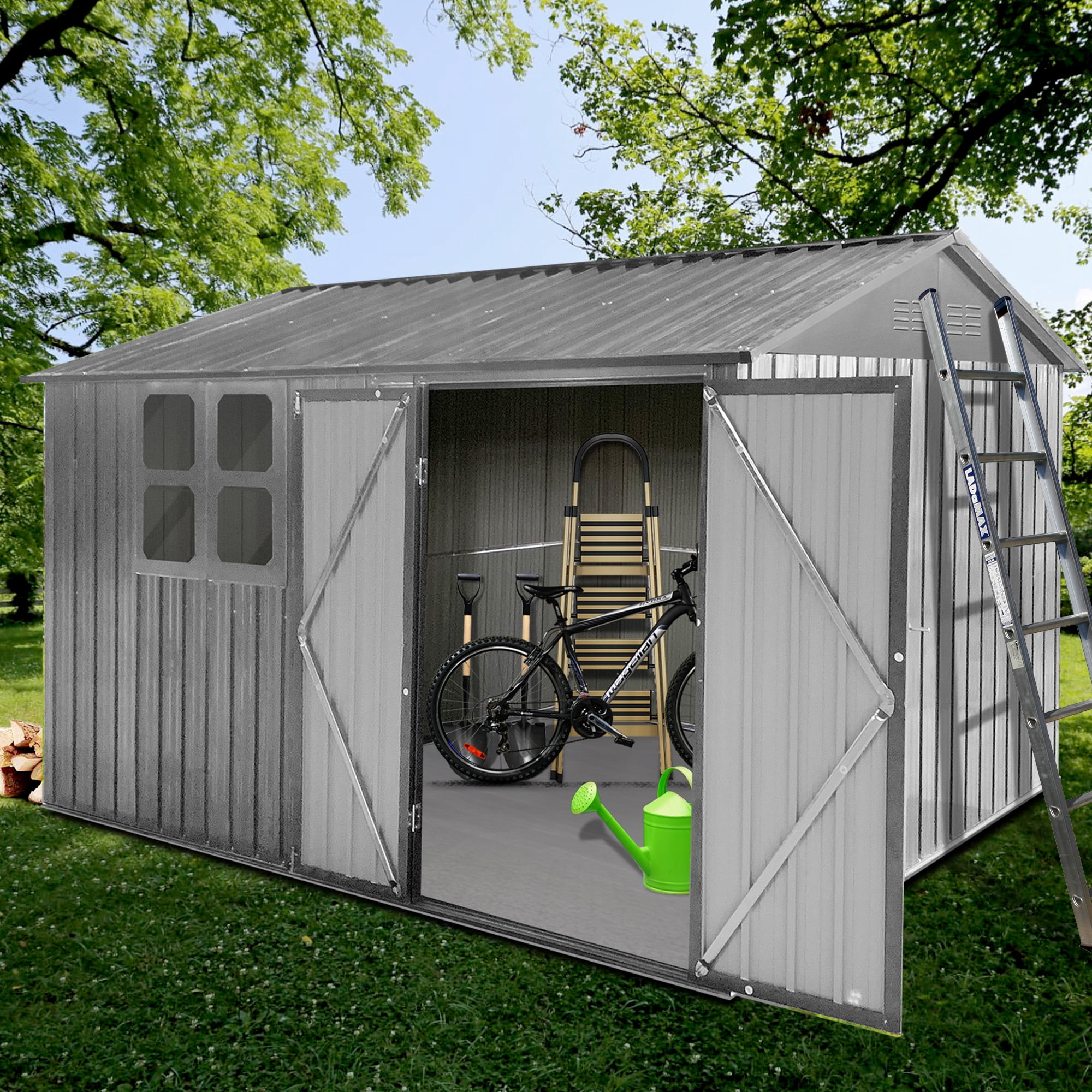 Aukfa 10FT x 8FT Outdoor Storage Shed, Metal Shed Storage with Window, Roof Slope Tool Shed with Door and Padlock for Backyards, Patio Lawns and Outdoor, Gray