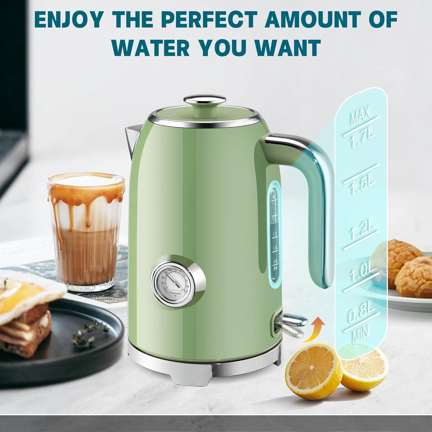 Electric Kettle - 57oz Hot Tea Water Boiler with Thermometer, 1500W Fast Heating Stainless Steel Pot, Cordless LED Indicator, Auto Shut-Off & Boil Dry Protection