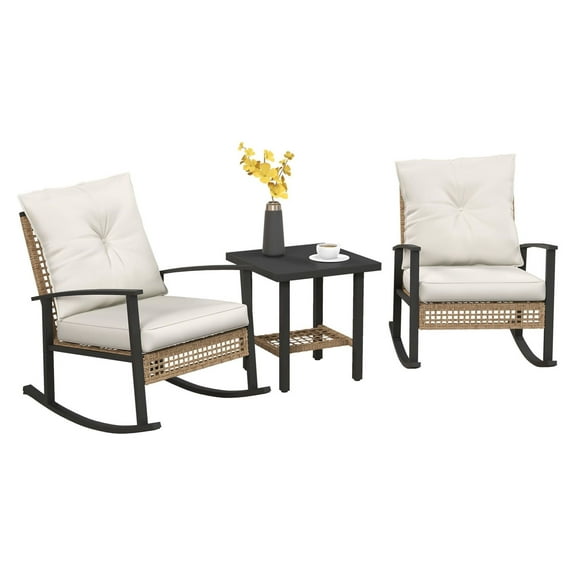 3-Piece Patio Bistro Set, Wicker Rocking Chairs & Coffee Table - Outdoor Furniture for Balcony, Porch, White