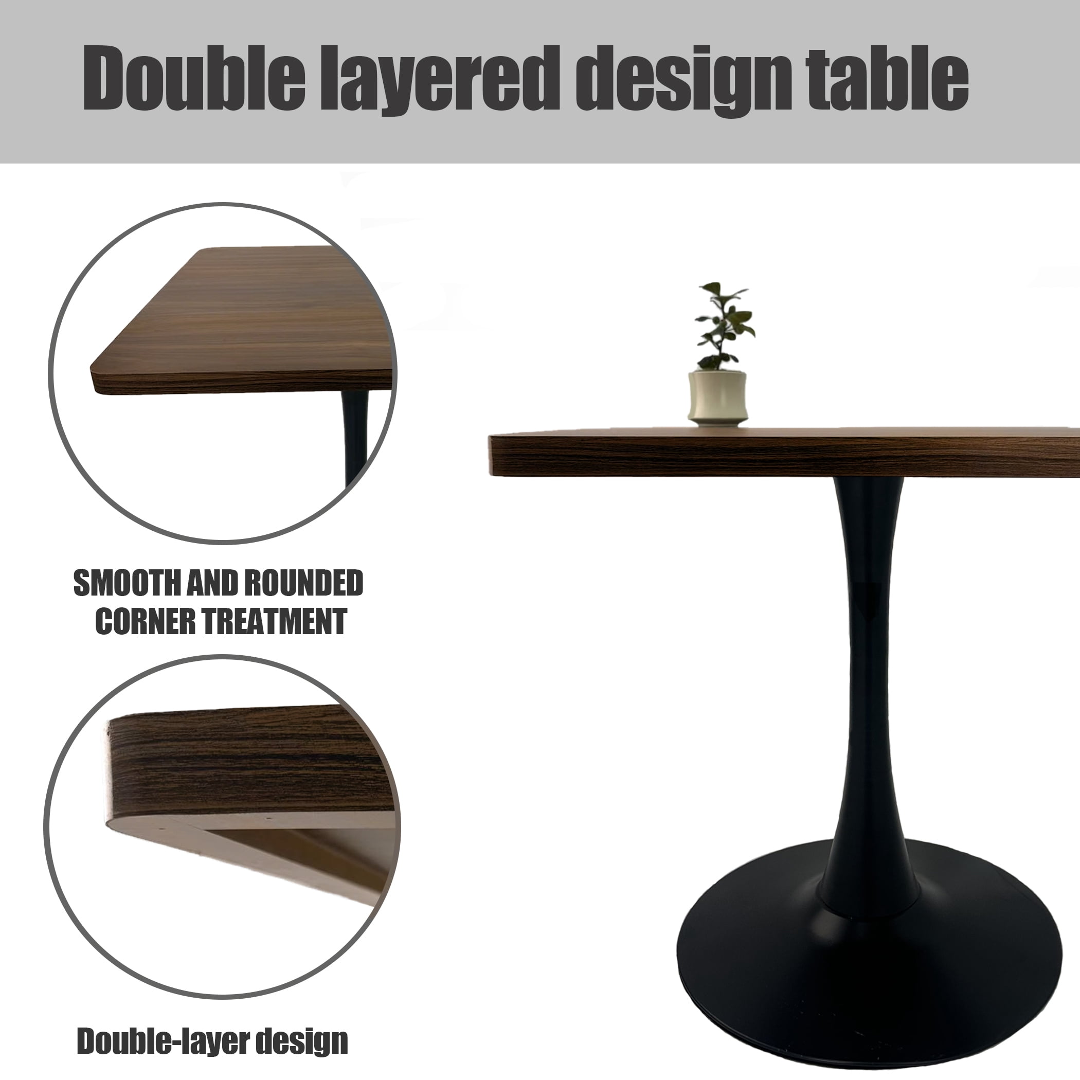 Miniyam 27.6" Small Square Dining Table for 4, Tulip Pedestal Kitchen Bistro Breakfast Table, Walnut Finish Top, Black Base