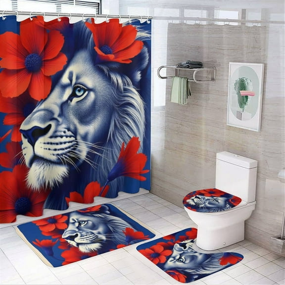Lion Print Shower Curtain Set 4-Set Jungle Animal Theme Bathroom Decor Set Includes Floor Mat ,Toilet Cover Mat ,U-Mat ,Shower Curtain with 12 Hooks,72inx72in