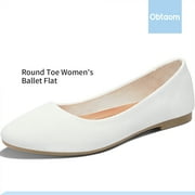 Obtaom Womens Round Toe Ballet Flats,Cute Textile Ballerina Flats,Comfortable Faux Leather Insole Low Heels Dress Shoes For Ladies (White,US9)