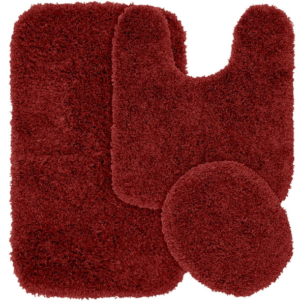 3 Piece Jazz Shaggy Nylon Washable Bathroom Rug Set, Red