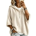 thumbnail image 2 of HaCpiu Women's Henley Hooded Knit Poncho, Solid Loose 3/4 Sleeve Pullover, Lightweight Button-Up Drape Sweater with Drawstring, Beige L, 2 of 6