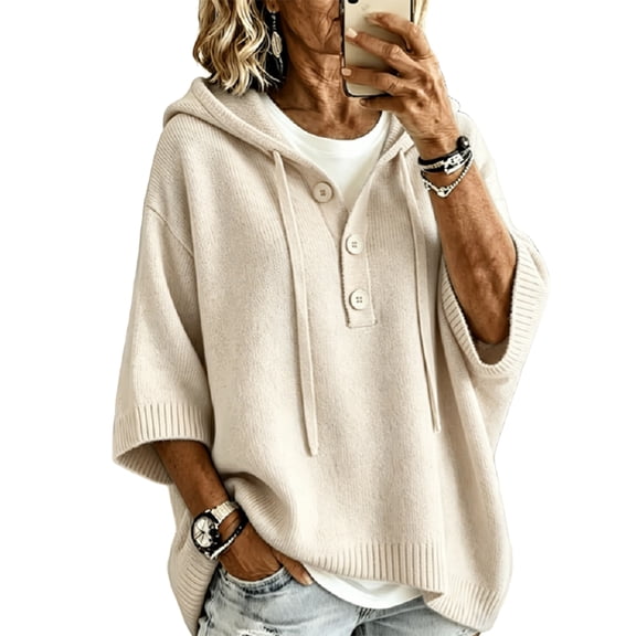 Domzest Oversized Hooded Knit Sweater for Women 3/4 Sleeve V Neck Button Up Hoodies 2026 Fall Casual Lightweight Pullover Sweater Beige 2XL