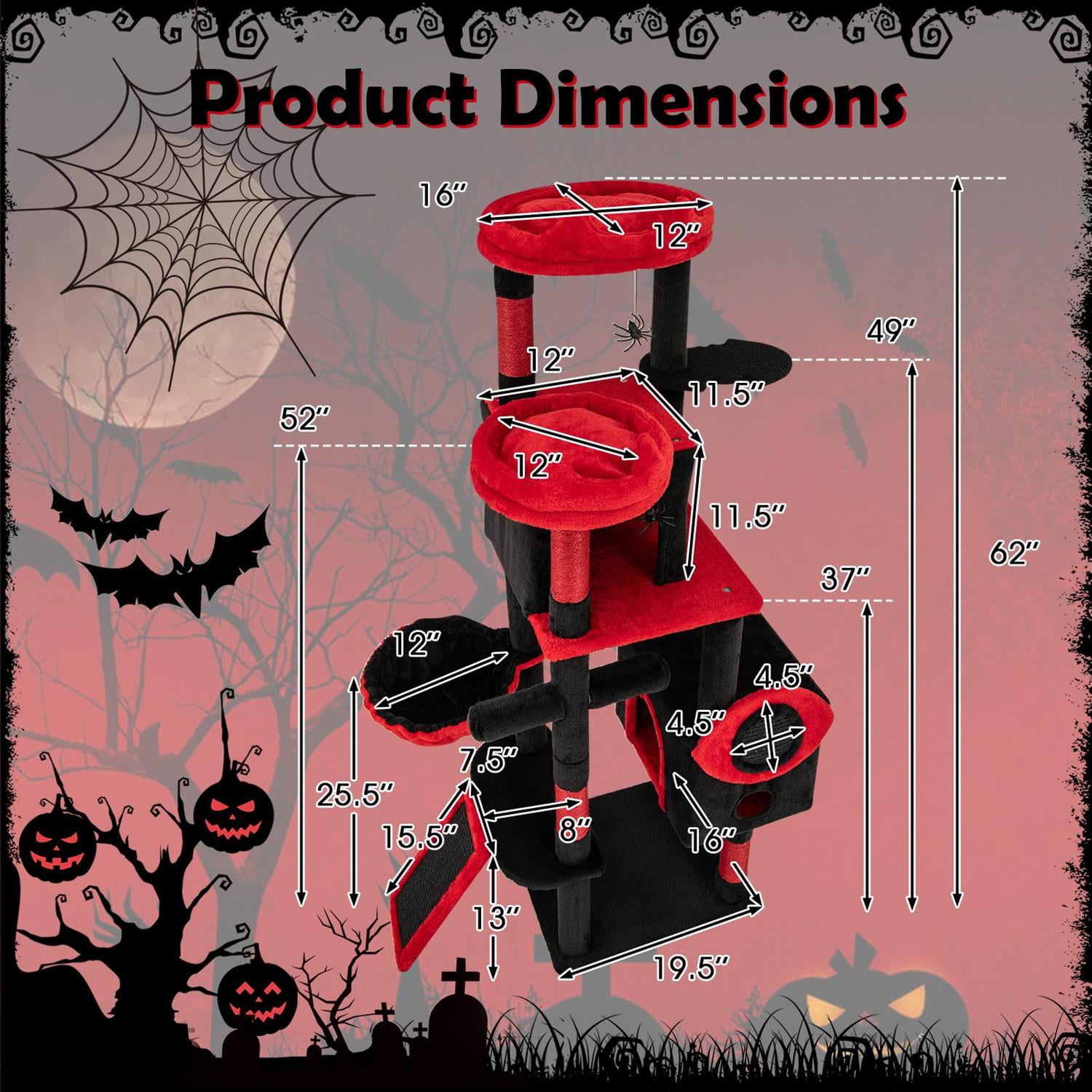 Demi Bonn Large Gothic Cat Tree, 2 Condos & Plush Perches, Rotating Hammock & Sisal Posts, Black & Red