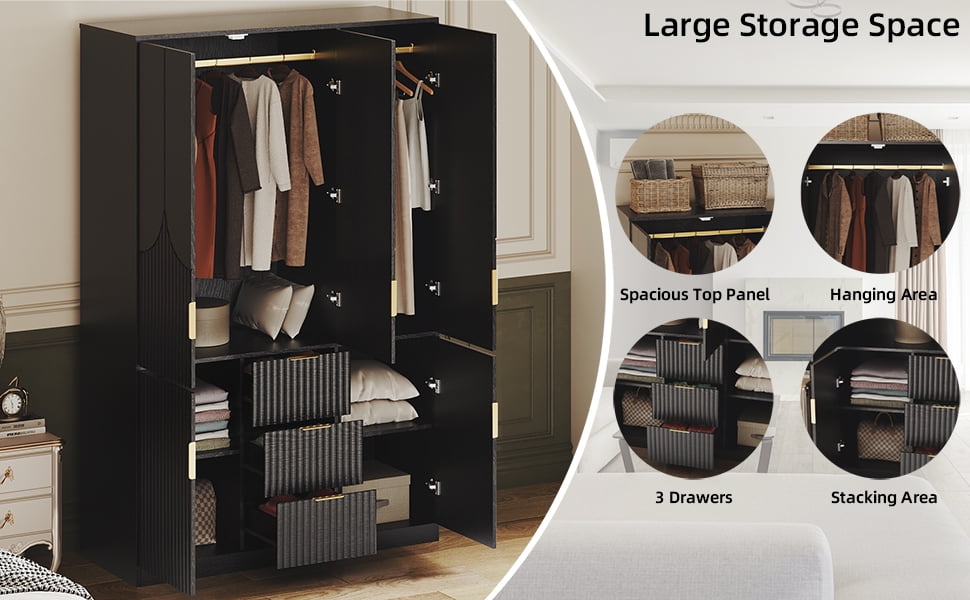 UGTOO 47.2" Wardrobe Closet with 3 Hanging Rods, 3 Drawers & 2 Cabinets - Modern Wooden Storage Armoire for Bedroom, Black