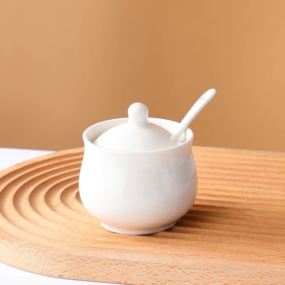 Cnshop Ceramic Sugar Bowl with Lid and Spoon, 8oz White Porcelain Storage Jar for Kitchen