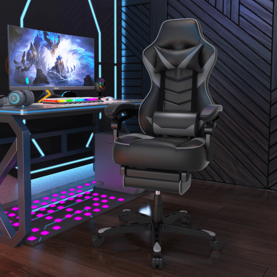 PULUOMIS Gaming Chair with Footrest for Adults Kids Video Game Racing Gaming Chairs Gray