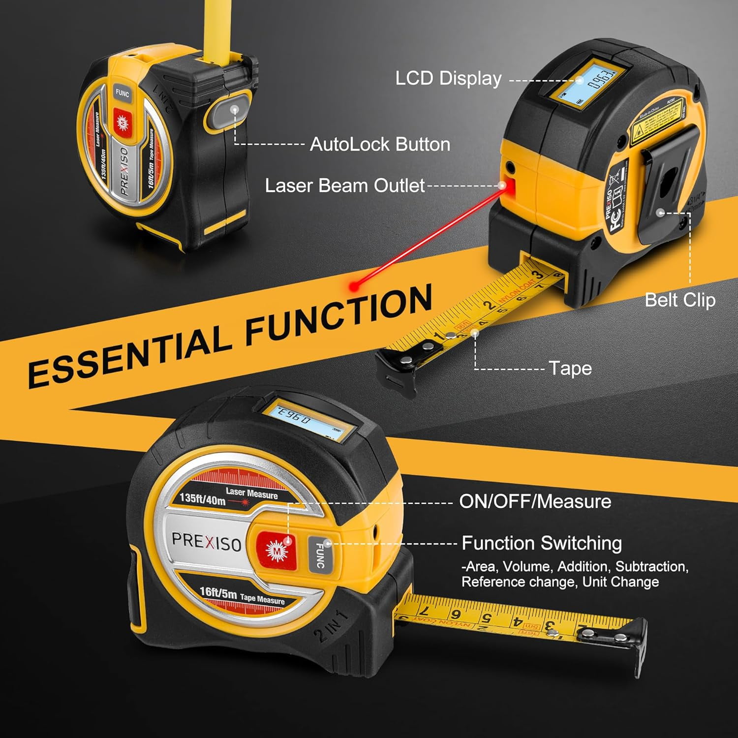 PREXISO 2-in-1 Laser Tape Measure, 135 ft Laser Measurement Tool & 16 ft Measuring Tape with Auto Lock & Movable Magnetic Hook - Pythagorean, Area, Volume-NOT Digital