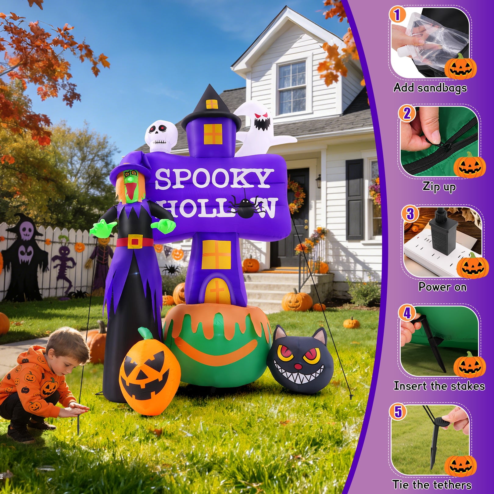 Funcid 8FT Halloween Inflatable Witch Decoration with LED Lights - Outdoor Blow Up Halloween Decor with Ghost & Tombstones for Yard