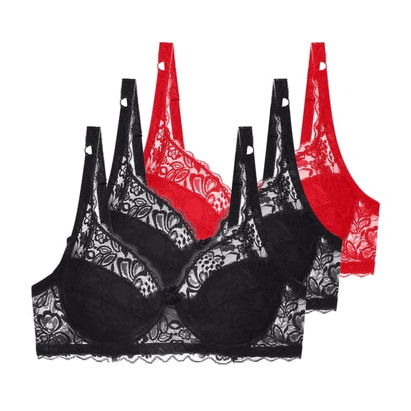 3 Pack Floral Lace Underwire Bras Womens Plus Size Plunge Push Up T-Shirt Bras Support Demi Padded Bralette, 38/85B