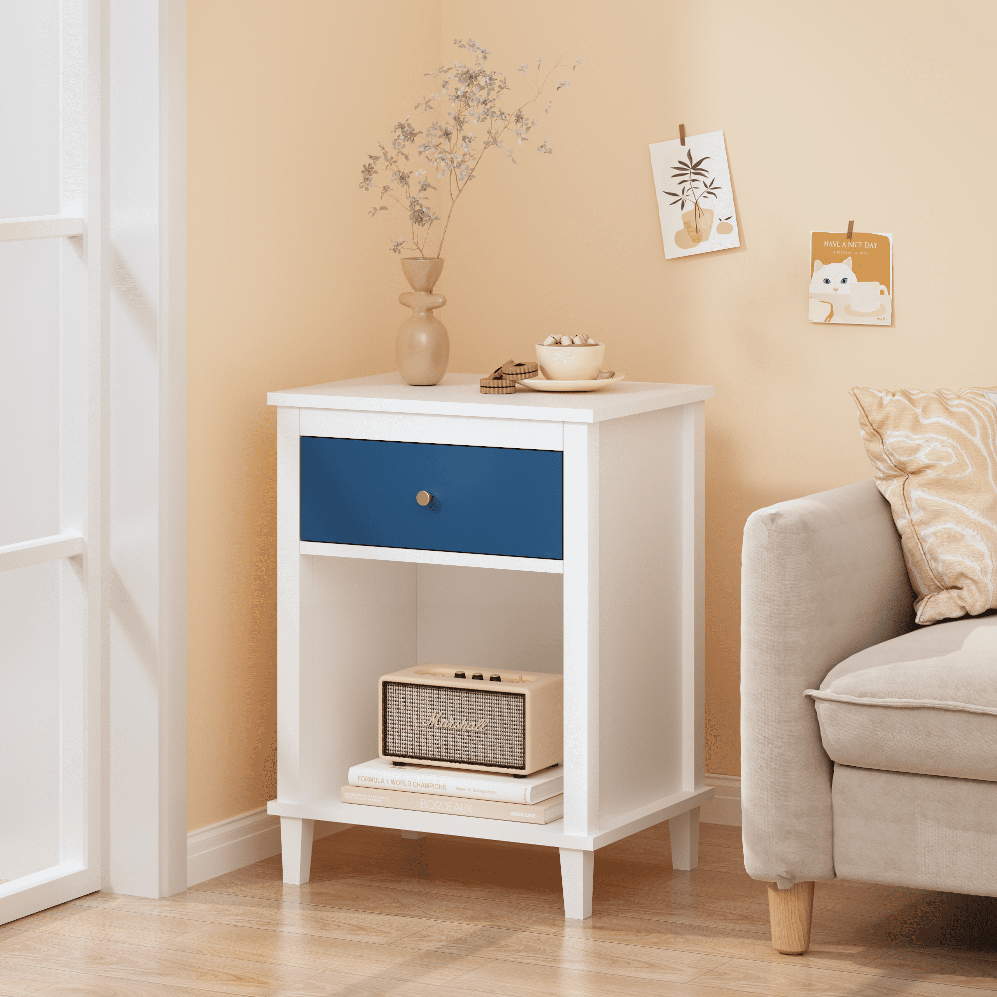 Wooden Nightstand with One Drawer & One Shelf for Kids,Adults,26.77''H,Navy
