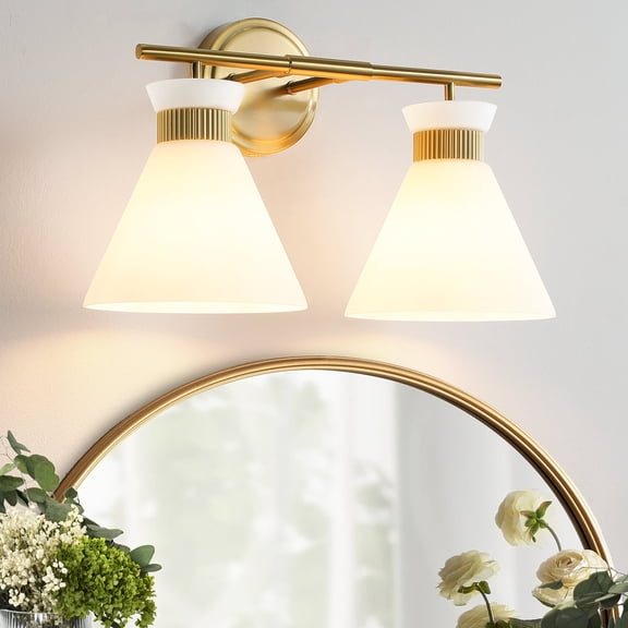 KAISITE 2-Lights Vanity Lights for Bathroom Gold Wall Sconce Lighting with Frosted Milky Glass for over Mirror Bedroom Hallway
