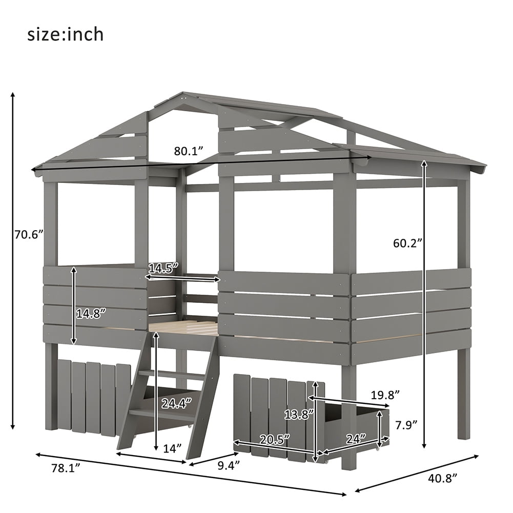 Kadyn kids Bunk Loft Bed with Two Drawers, Windows and Roof Design, Gray Kadyn kids Bunk Loft Bed with Two Drawers, Windows and Roof Design, Gray