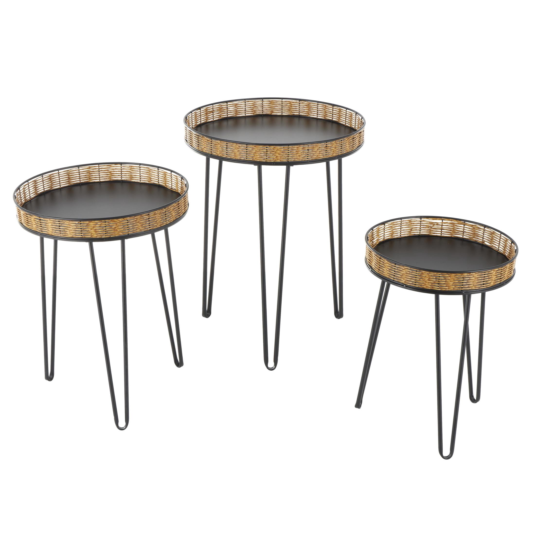DecMode 18" x 24" Black Metal Handmade Accent Table with Rattan Edges Tabletops, 3-Pieces