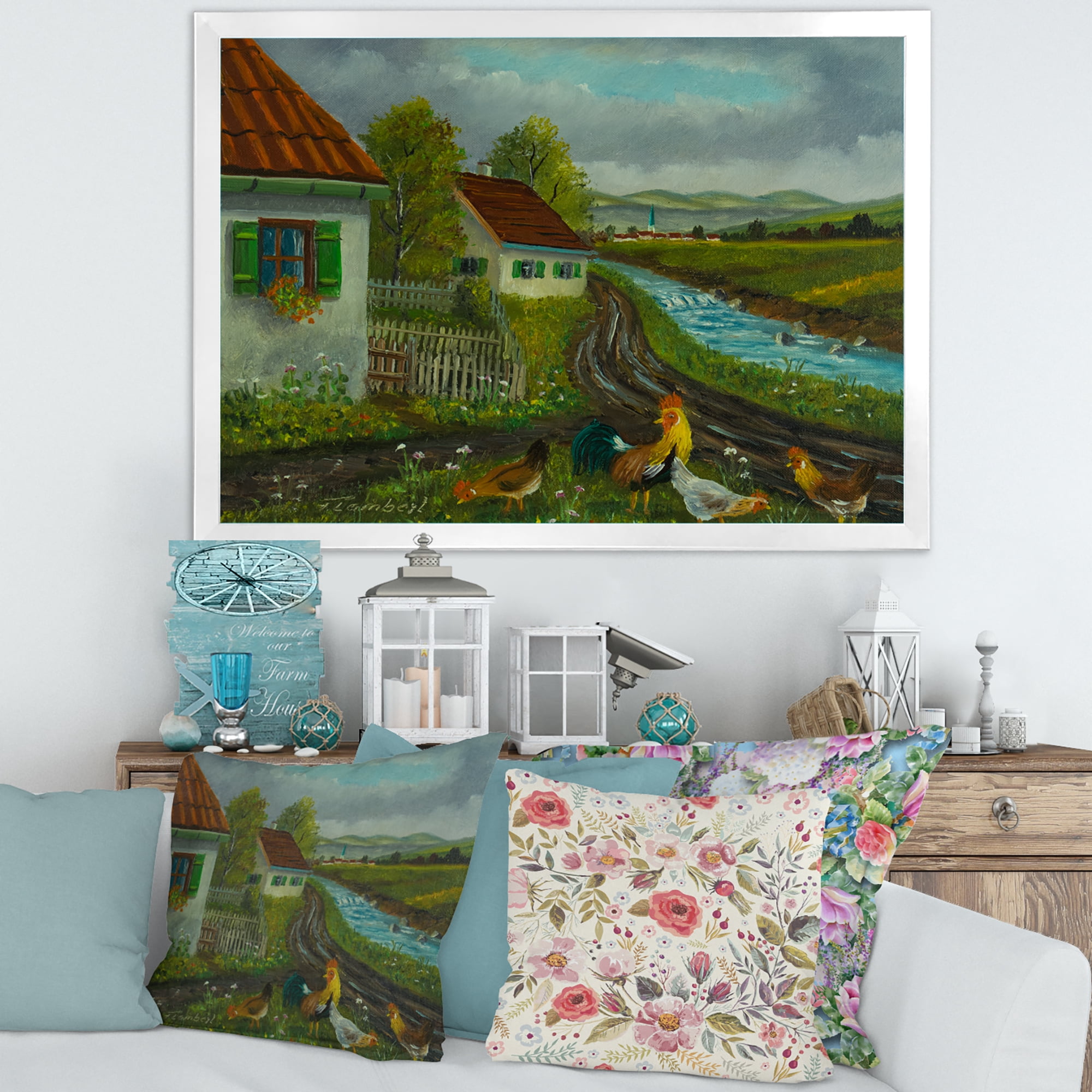 Designart 'A Cock and Three Chickens In A Meadow With Flowers' Farmhouse Framed Art Print