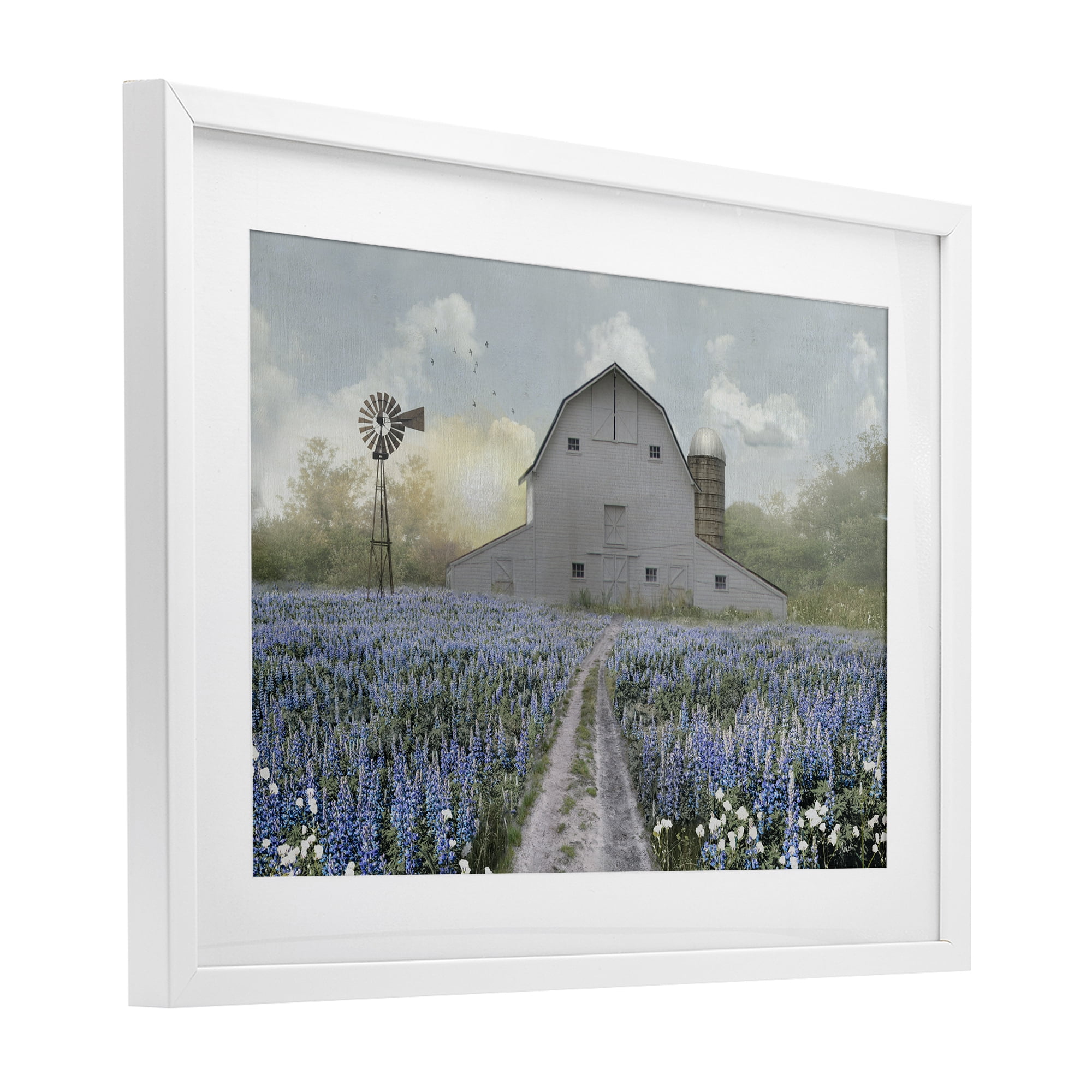 Stupell Industries Meadow of Blue Flowers & Barn White Framed Print Under Glass, design by Nan