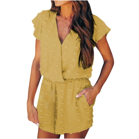 Womens Summer Casual Solid Short Sleeve V-Neck Swiss Dot Short Jumpsuits Elastic Waist Loose Lightweight Shorts Rompers